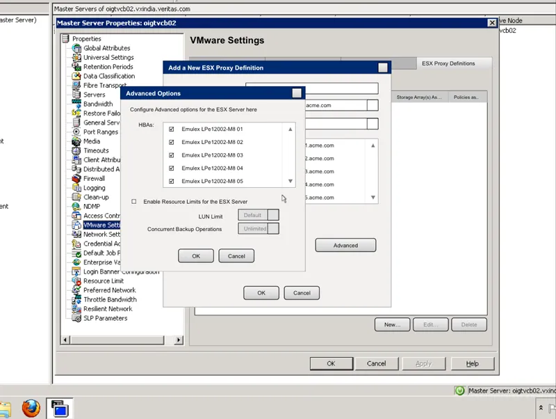 NetBackup ESX Proxy Configuration screenshot 1